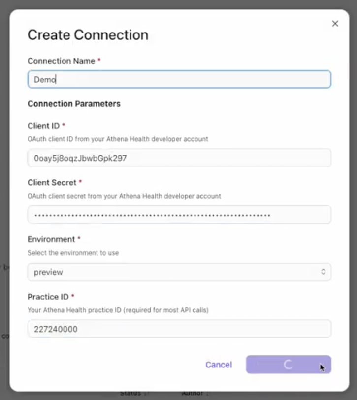 Form to create a connection with fields for client ID, secret, and practice ID.